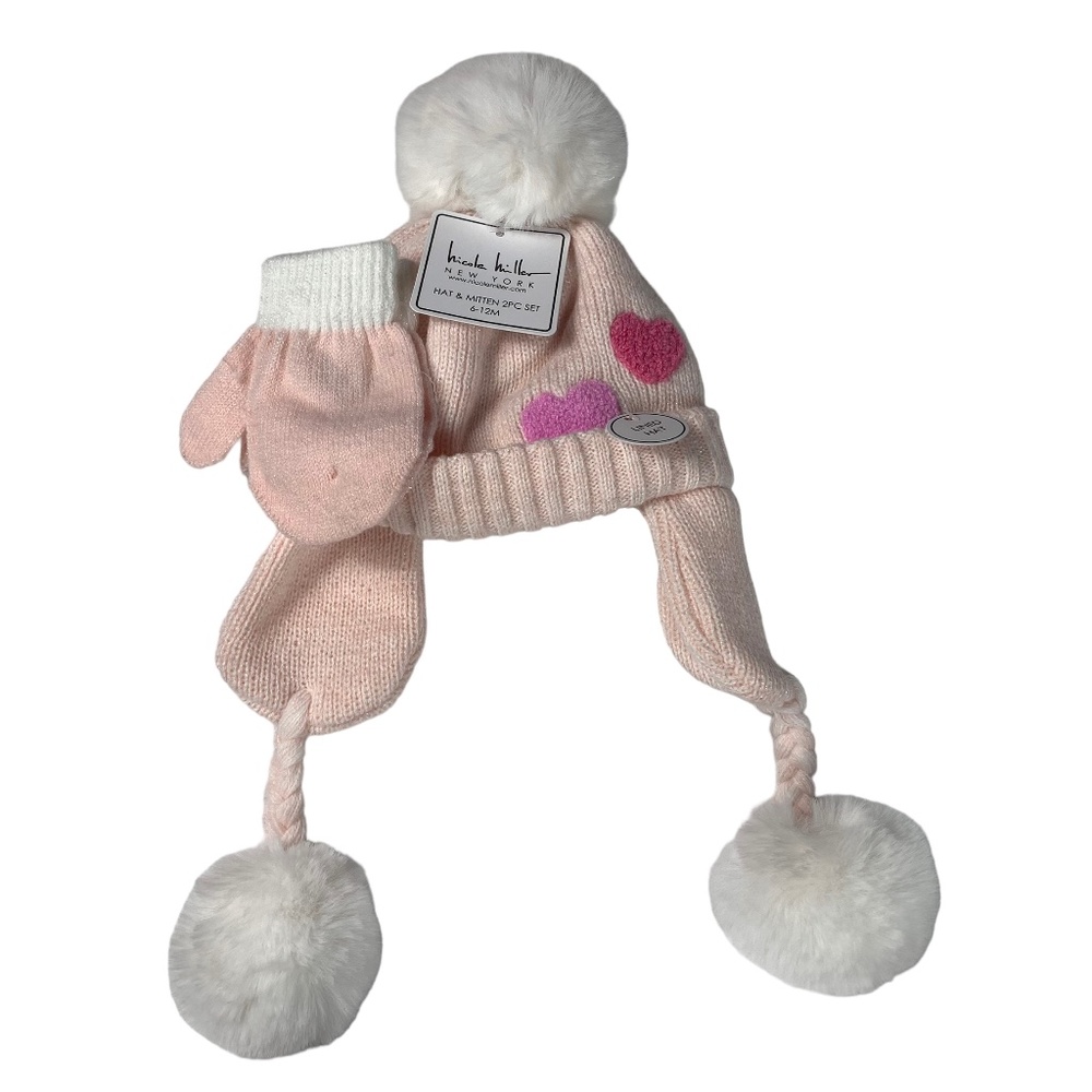 Nicole Miller Girls Pink Hat and Mitten Set 6-12M